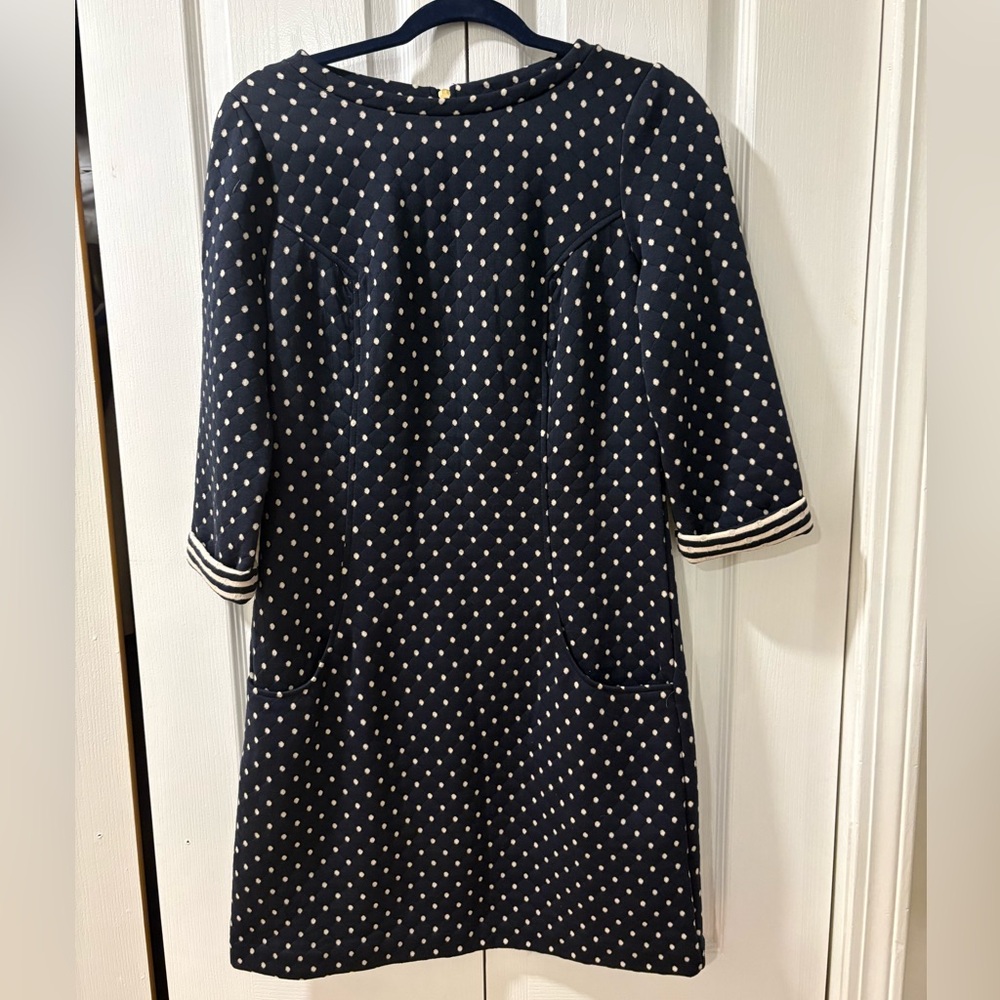 Boden Quilted Polka Dot Dress Navy White Pockets Preppy Chic - Picture 3 of 9